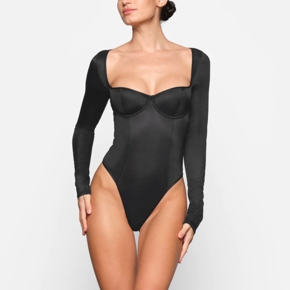 Black Long-Sleeve Bustier Bodysuit - Women Tops